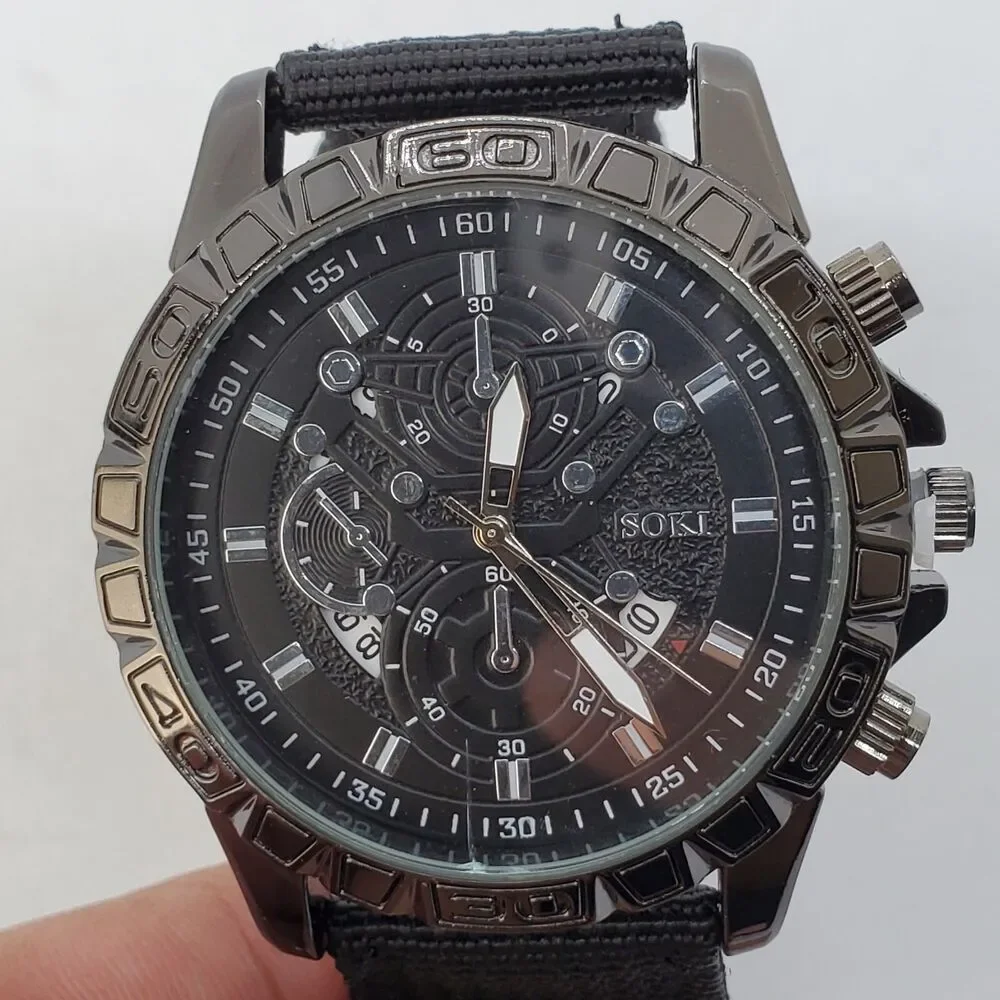 Men's Watch 42MM Black Case‎ Black Dial Date Indicator Black Canvas Band Straps